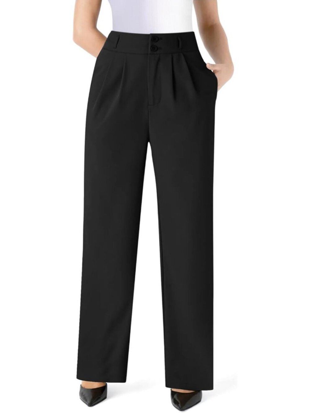 Women's Black Wide Straight Leg Casual Slacks Business Button Dress Pants